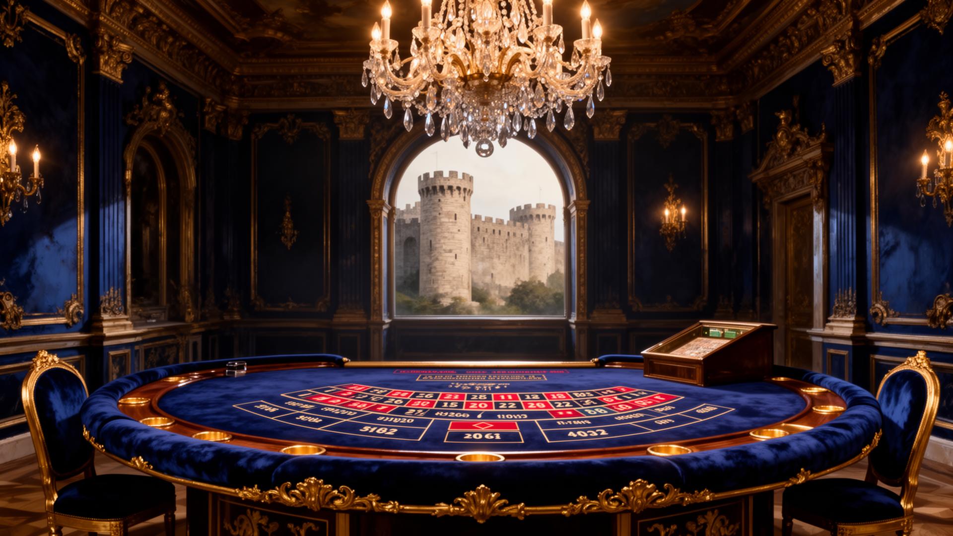 Ornate royal live casino hall with chandelier and roulette table