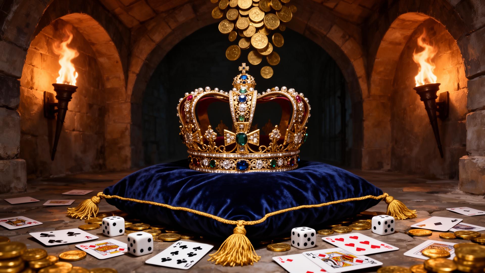 Jewelled royal crown on a navy velvet cushion with cascading gold coins