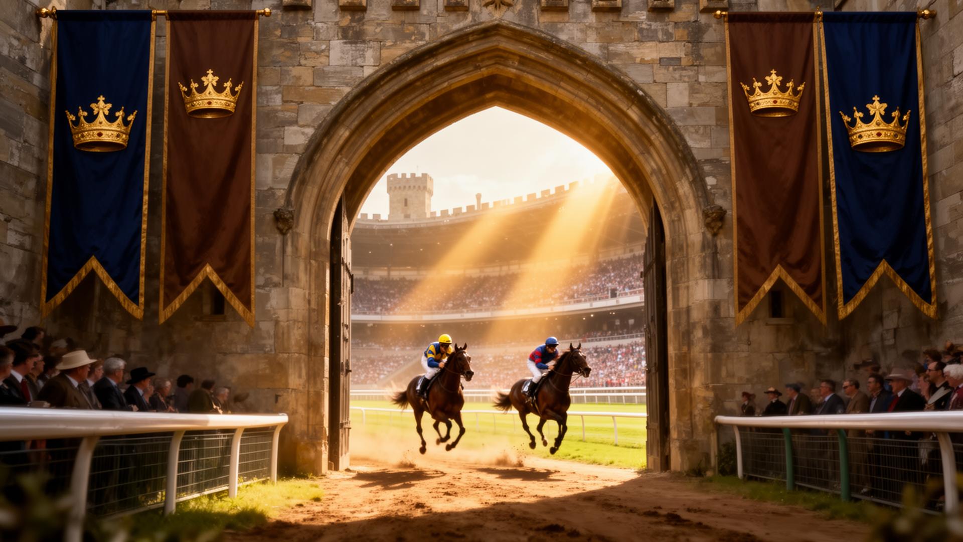 Royal stone archway opening onto a sunlit racecourse with crown banners